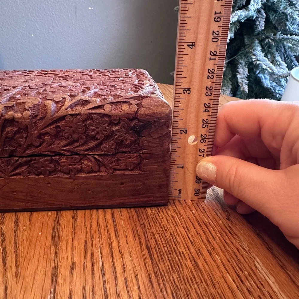 Hand Carved Wood Trinket Box Set 2pc Brown Floral Vine Decor